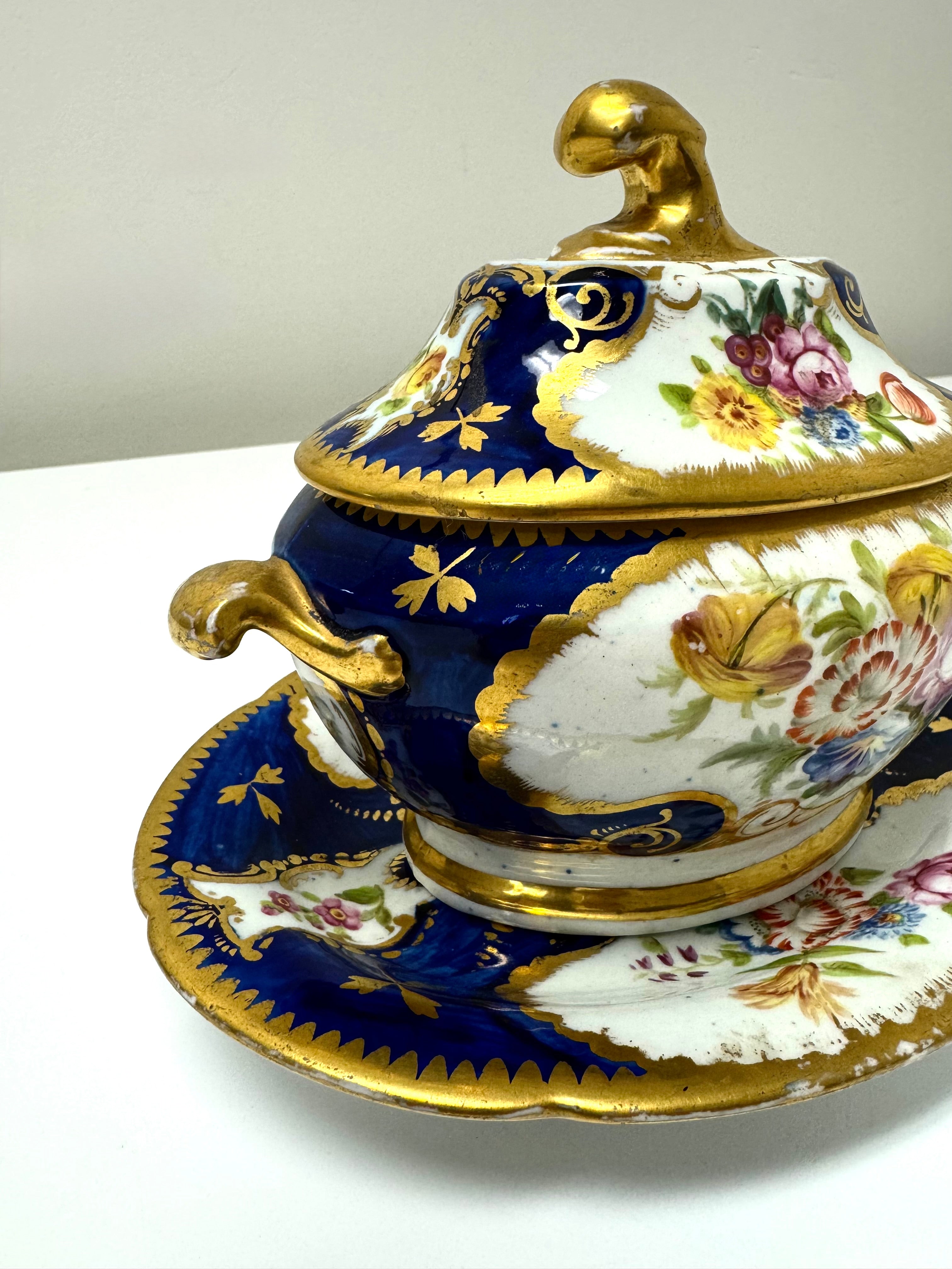 Antique Deep Cobalt Floral Gilt Ecuelle