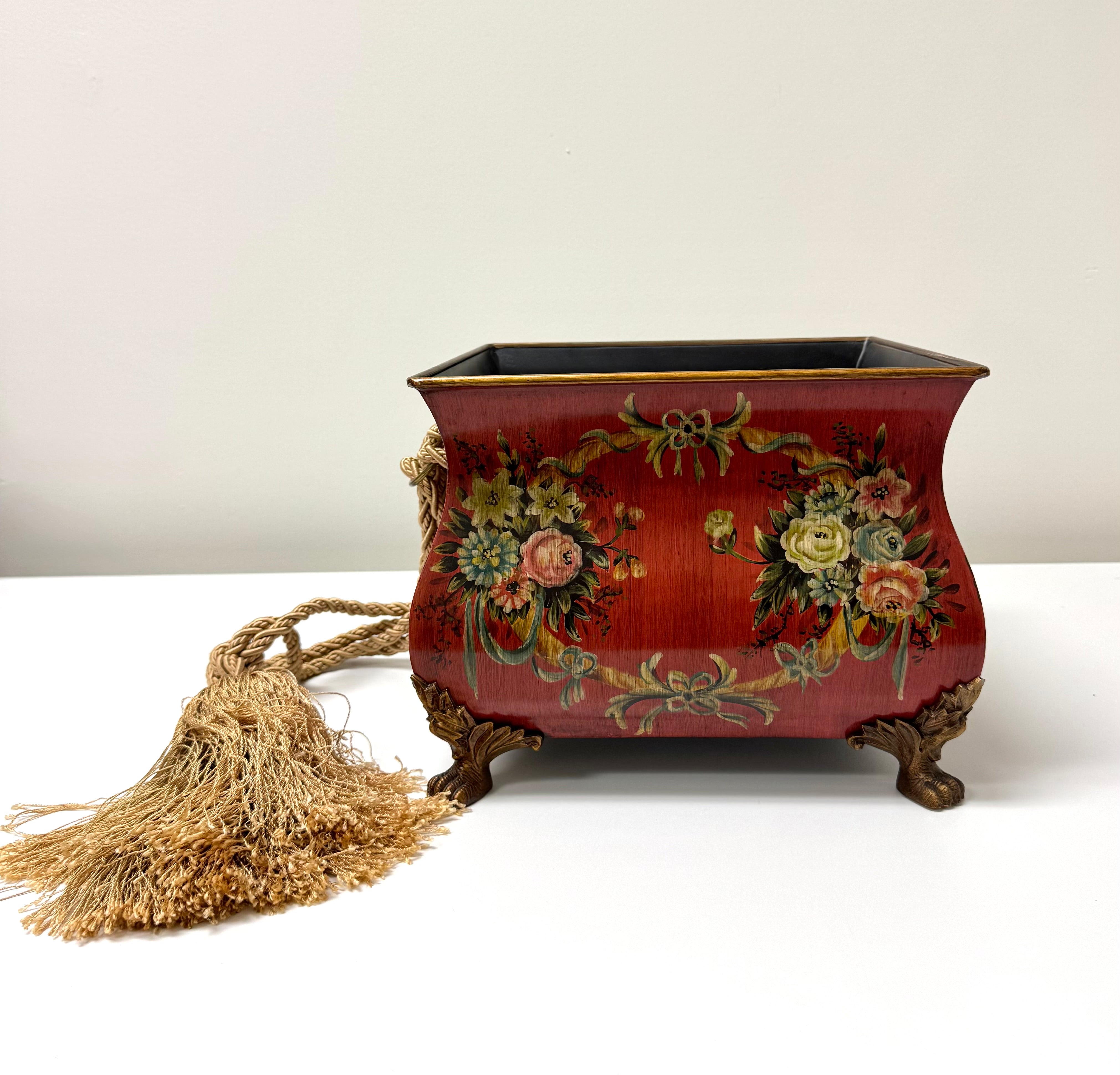 Scarlet Red Metal Tole Jardiniere with Tassel