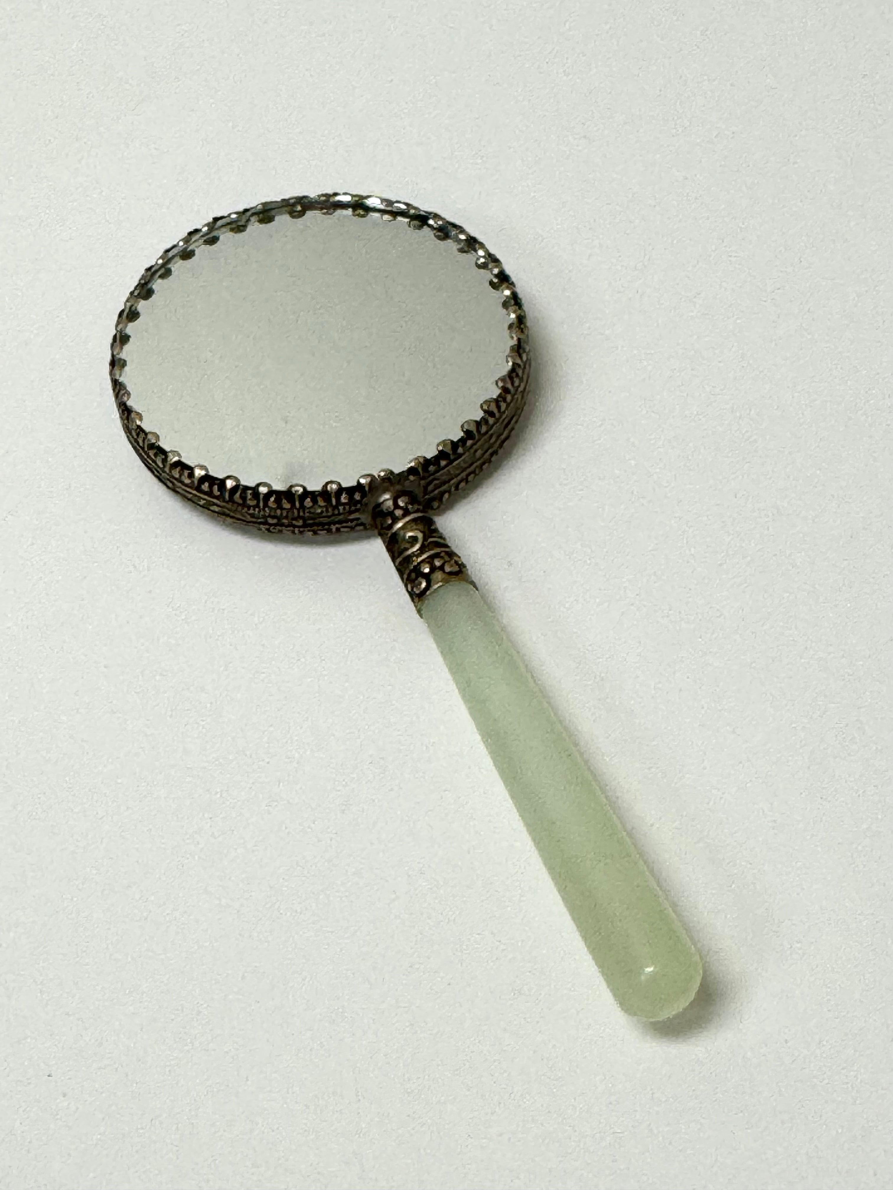 Vintage Porcelain Hand Mirror with Jade Handle