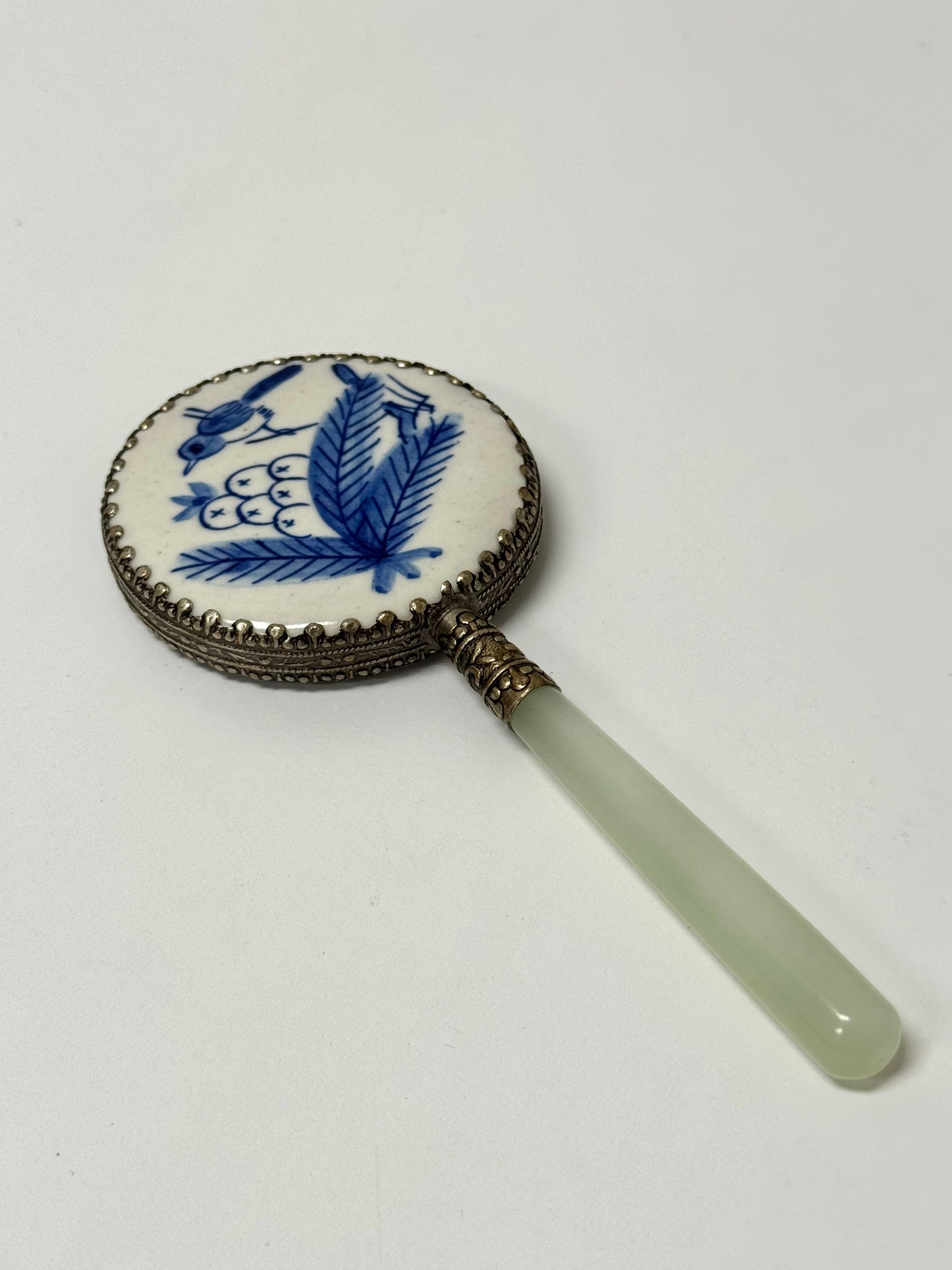 Vintage Porcelain Hand Mirror with Jade Handle