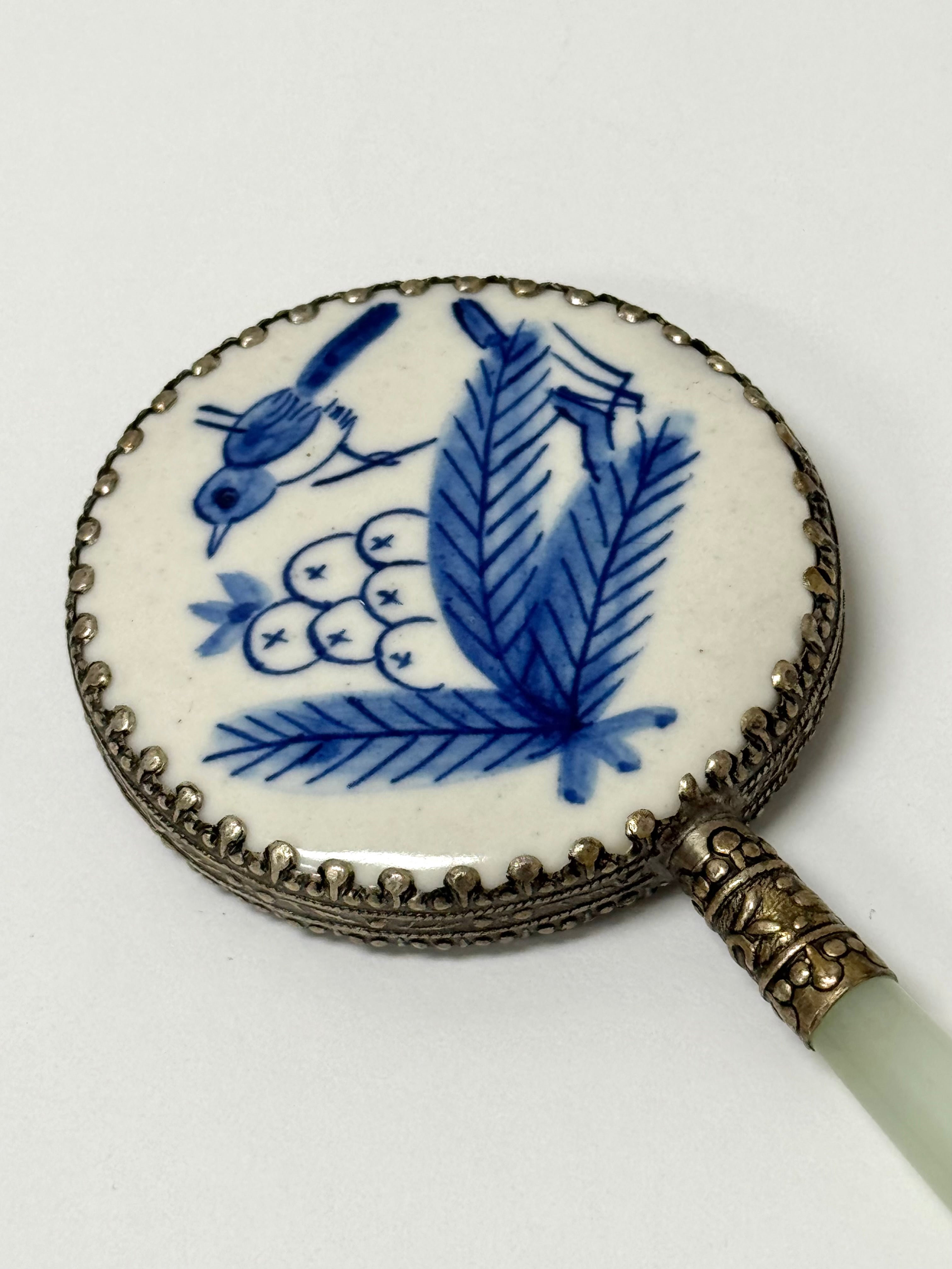 Vintage Porcelain Hand Mirror with Jade Handle
