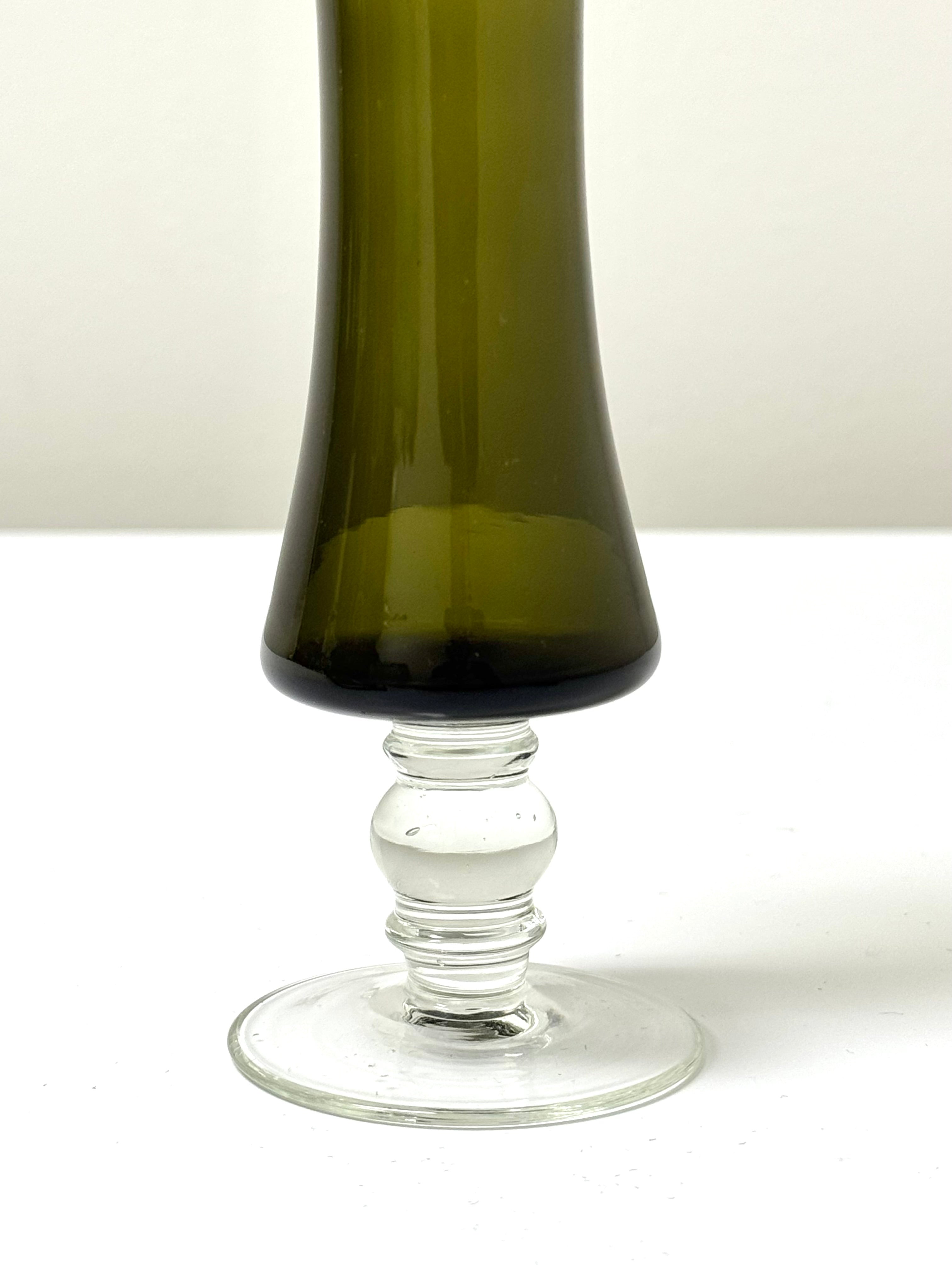 Vintage Smoked Olive Green Etched Bud Vase