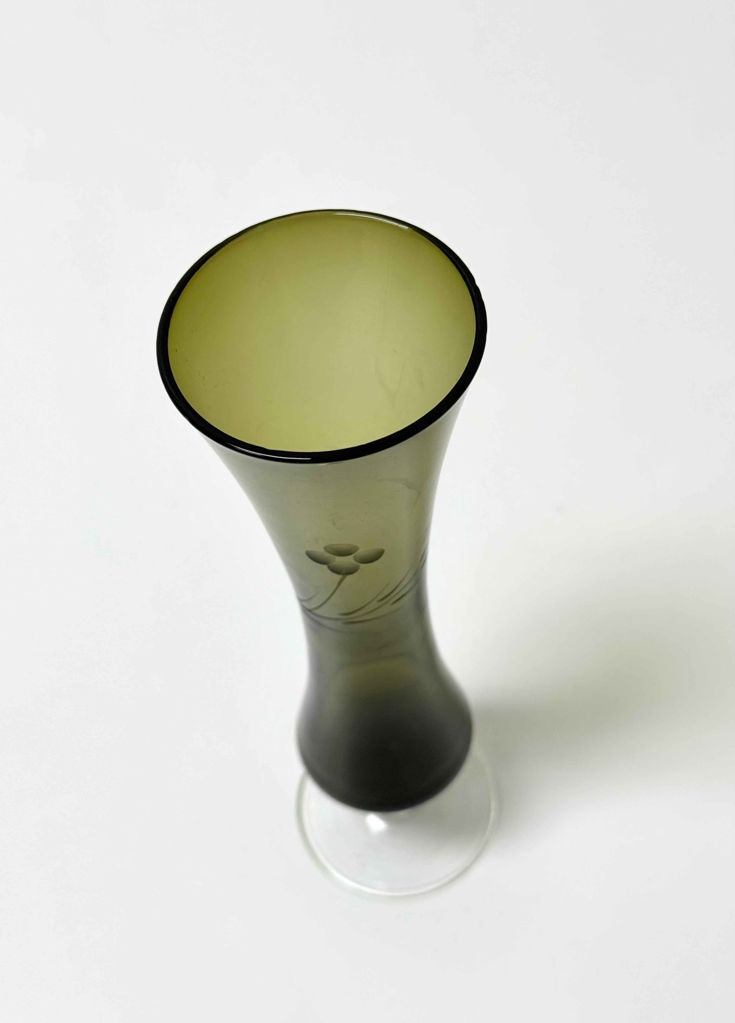 Vintage Smoked Olive Green Etched Bud Vase