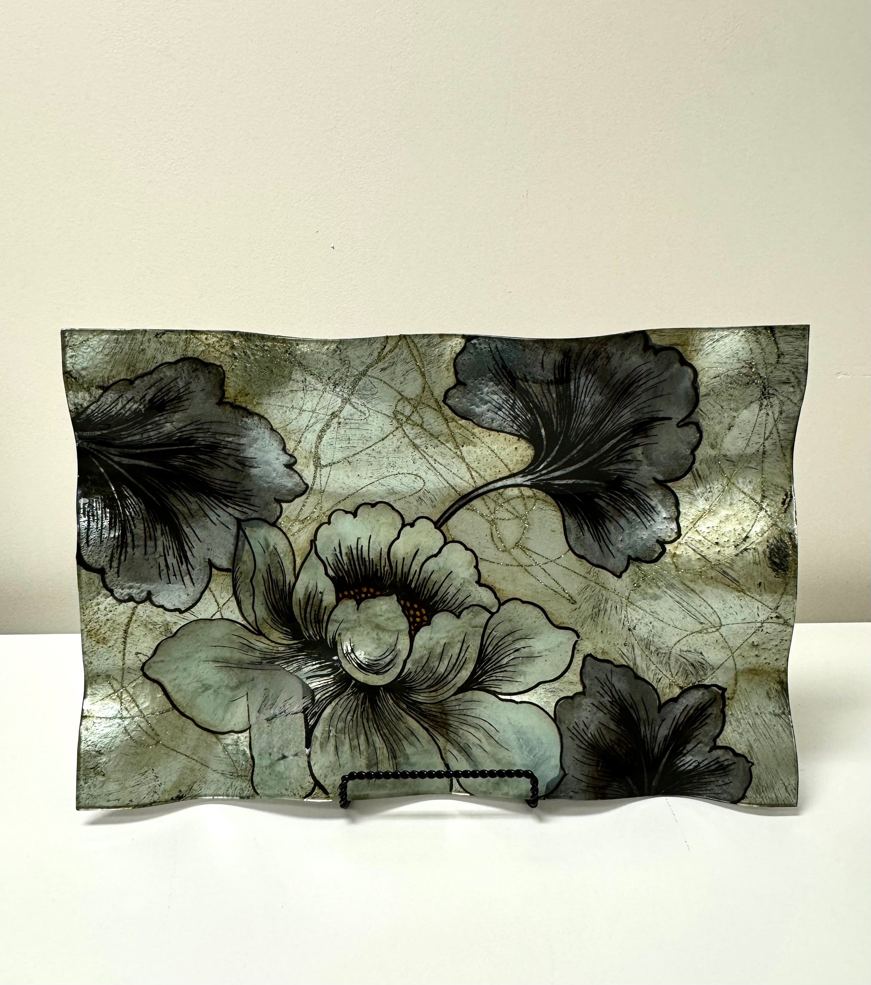 Silver Shimmer Gingko Leaf Glass Tray