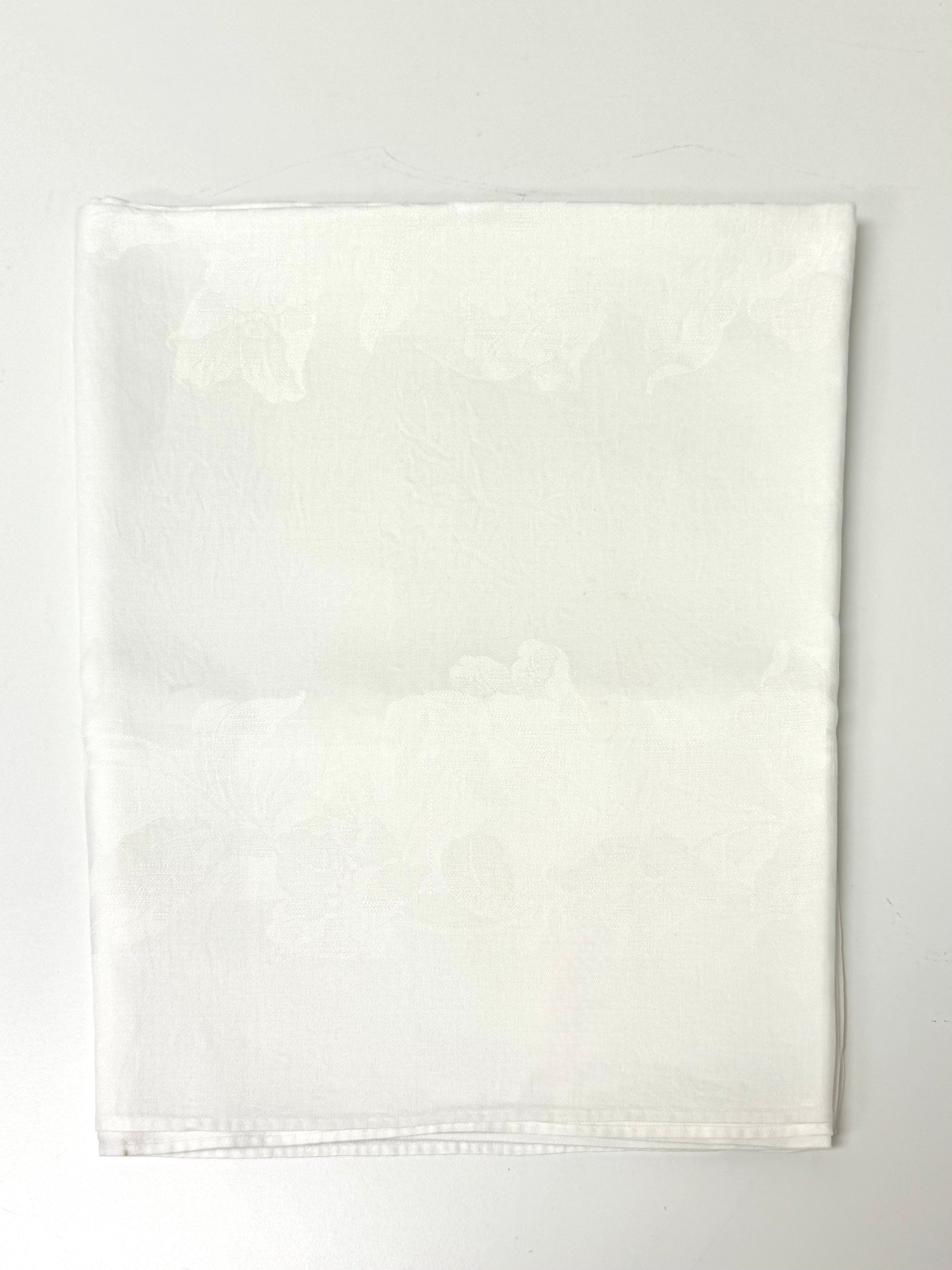 Vintage Rose Damask White Linen 66" x 86" Tablecloth