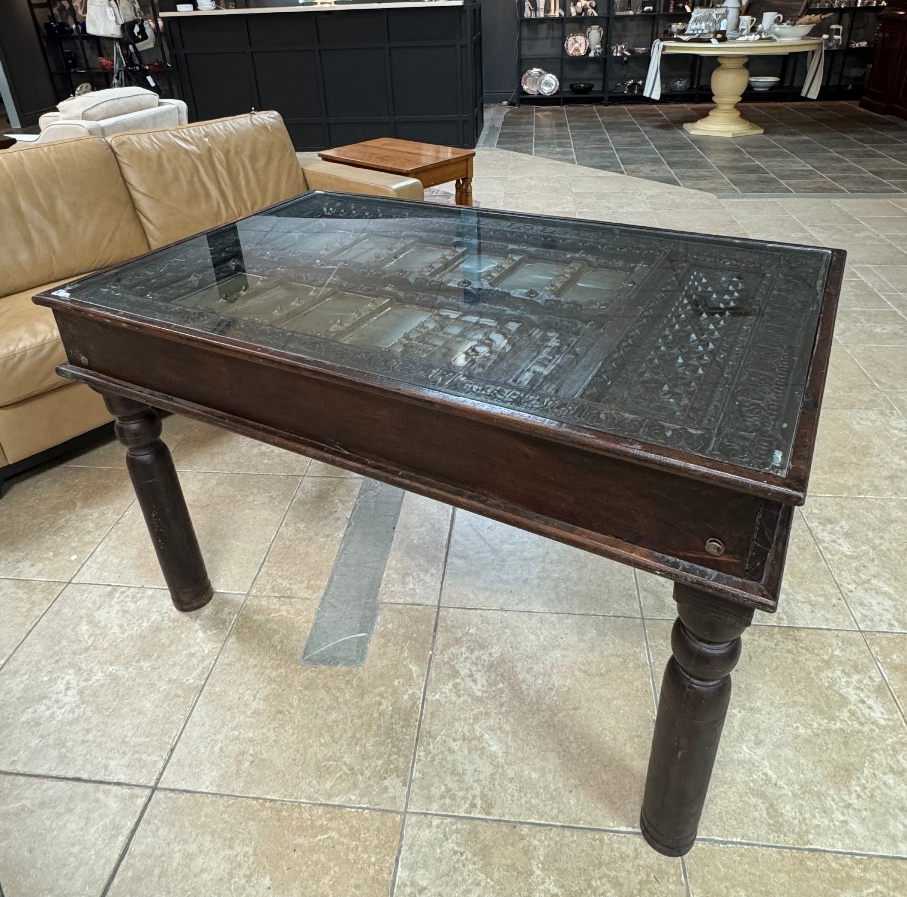 Hand-carved Indian Console Table with Glass Top