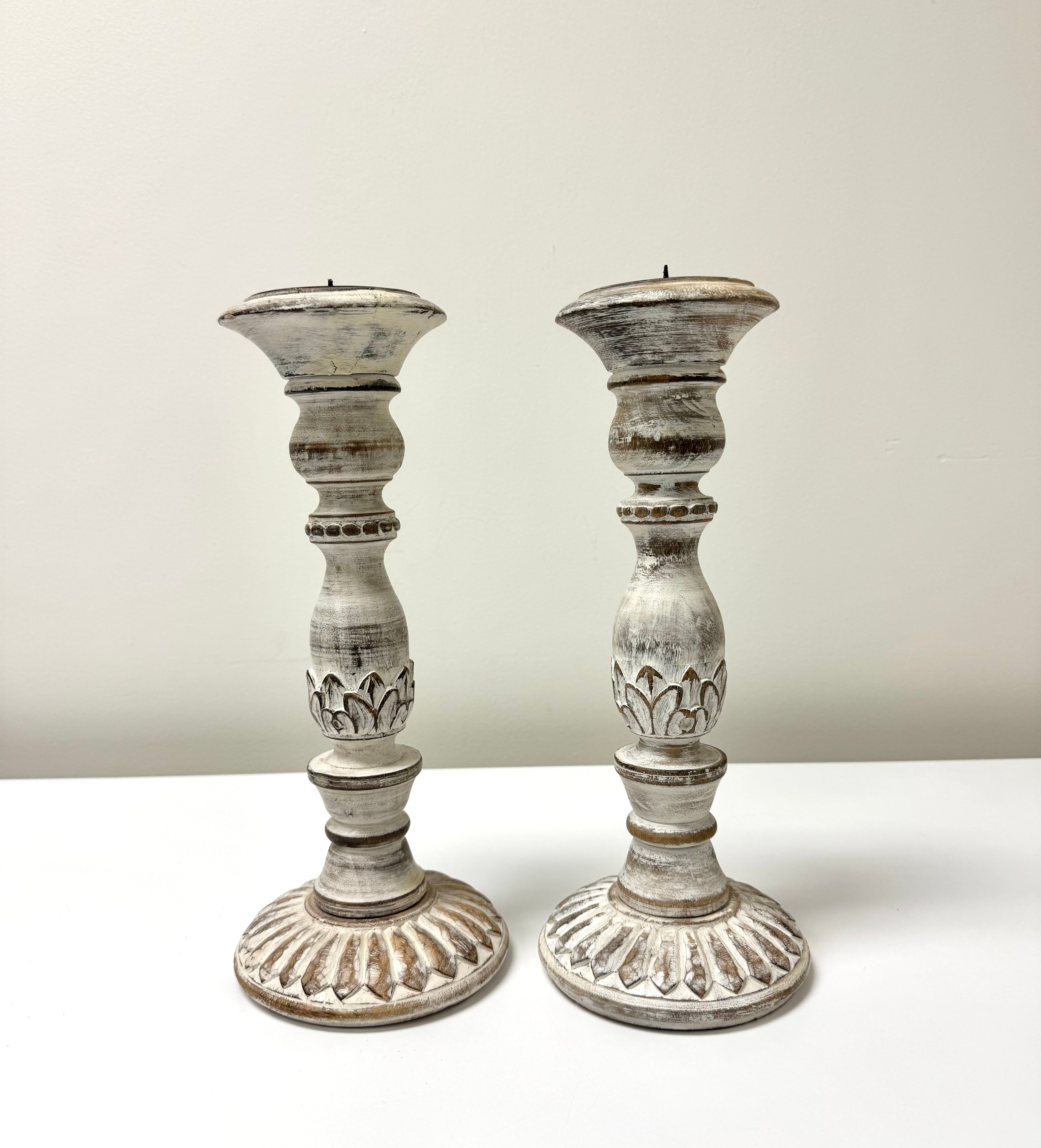 Distressed White Wooden Candle Holders Set of 2