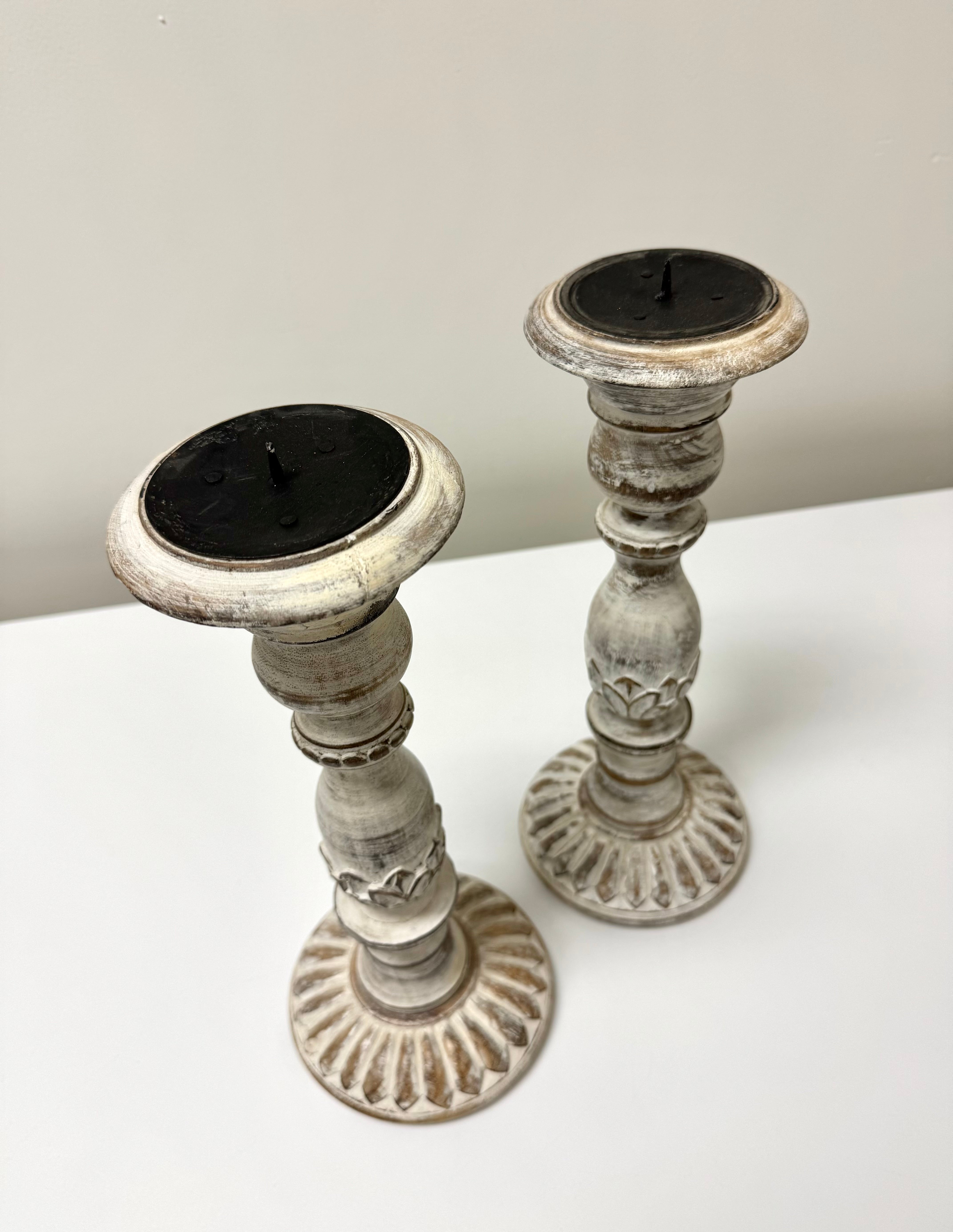 Distressed White Wooden Candle Holders Set of 2
