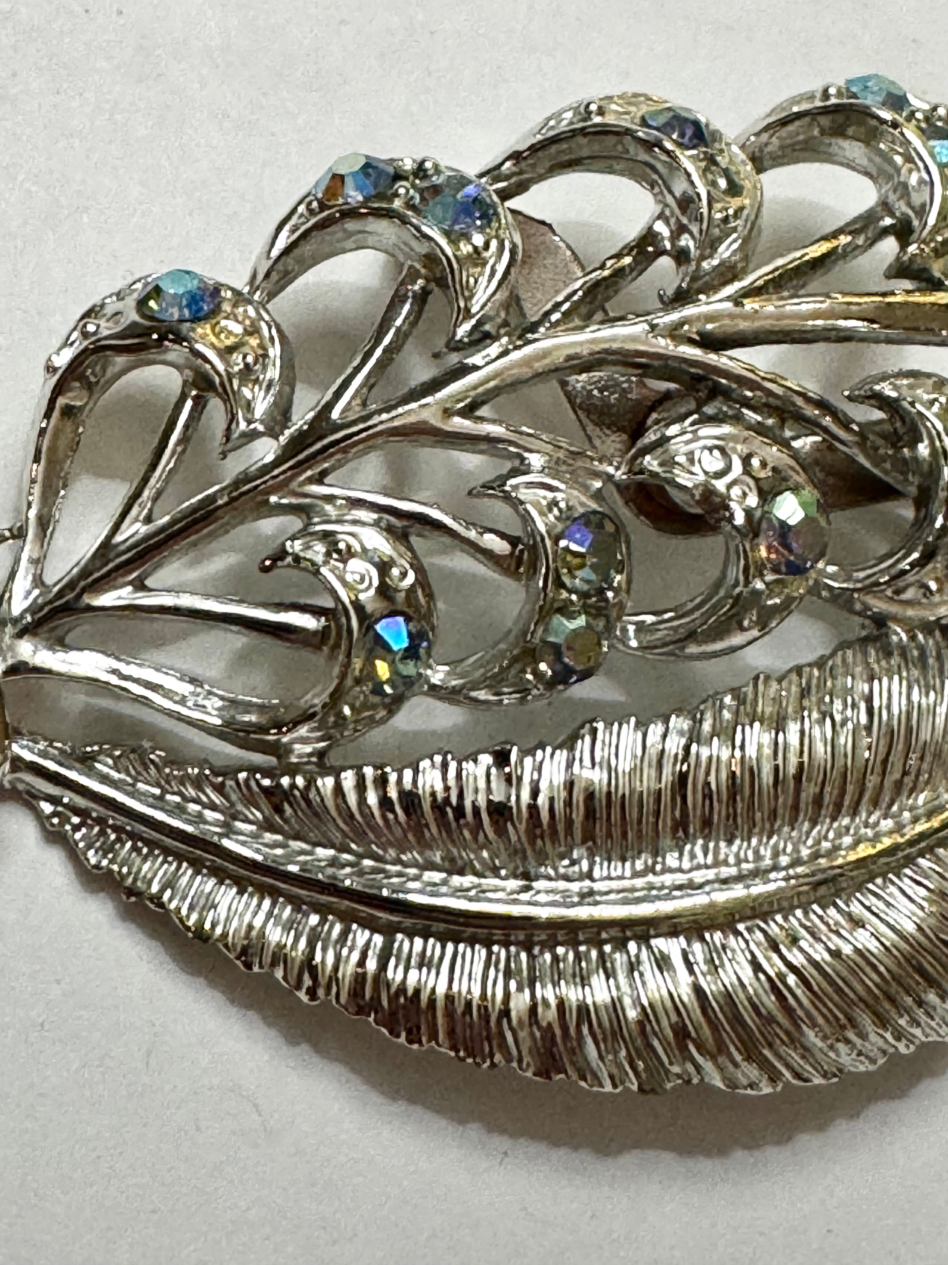 Vintage Silver-tone Aurora Borealis Leaf Brooch