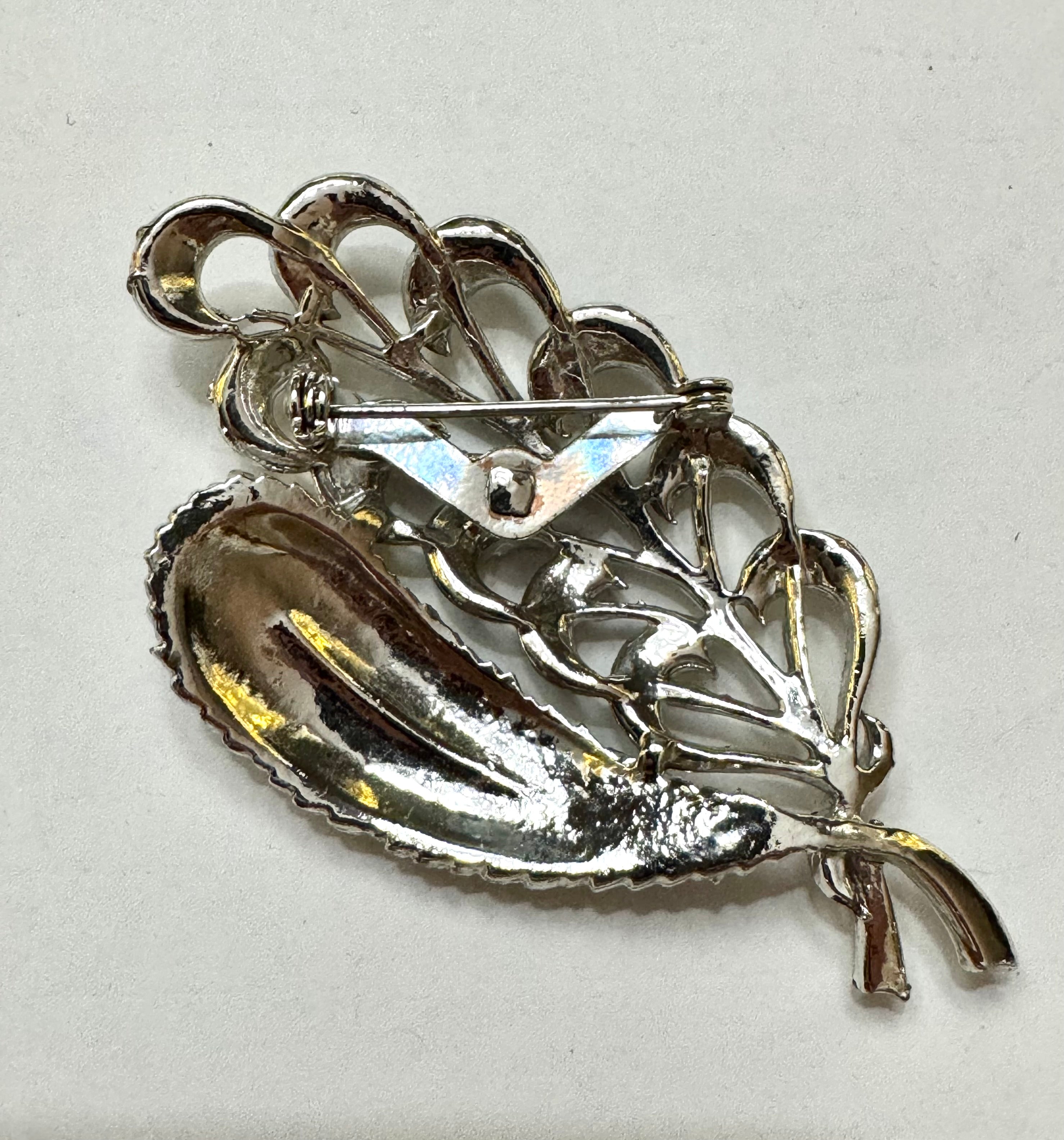Vintage Silver-tone Aurora Borealis Leaf Brooch