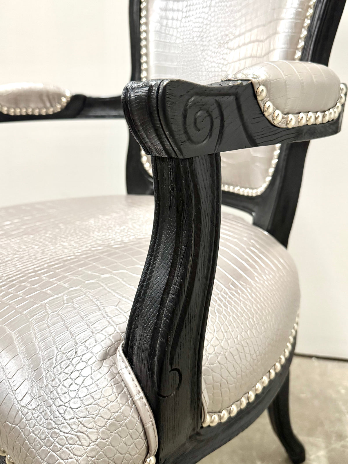 Metallic Silver Faux Crocodile Arm Chair
