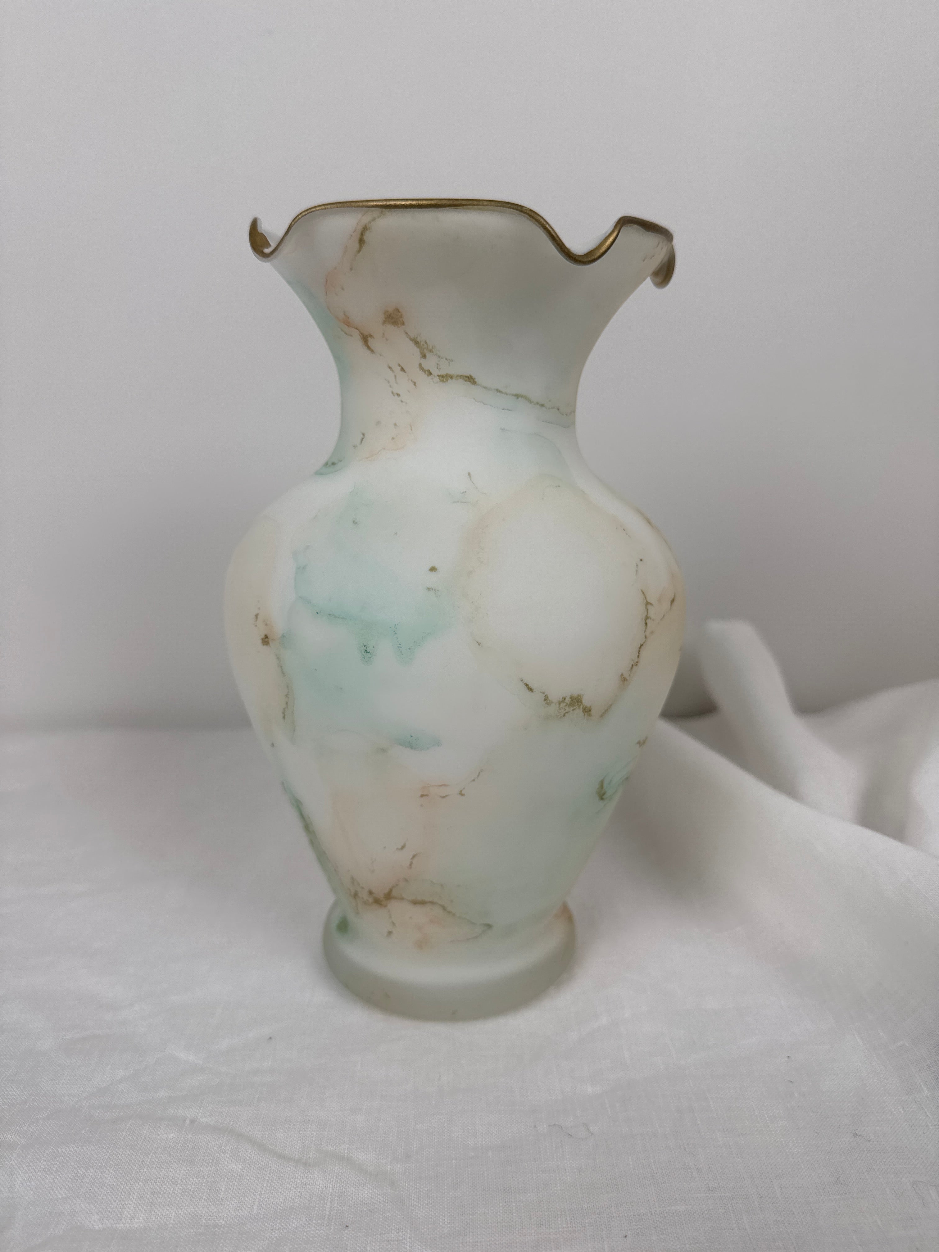 Vintage Satin Glass Vase with Ruffled Rim